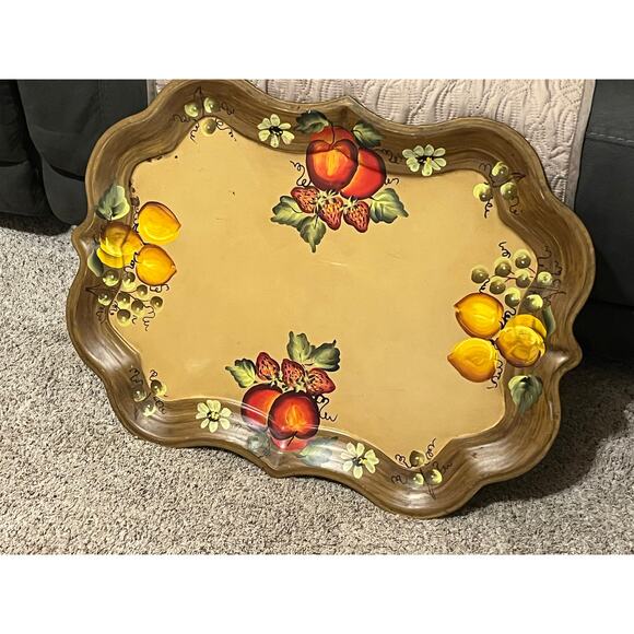 NASHCO Tole Hand-Painted Toleware Tray Fruit Flowers Large  27" x 20” - Picture 4 of 15